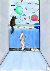 Kissa ikkunalaudalla, koira ja kani lattialla jaja ilmapalloja ikkunan ulkopuolella,piirroskuva.
