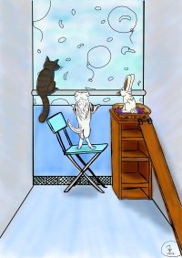 Kissa ikkunalaudalla, koira tuolilla ja kani korkean kaapin päällä, Piirroskuva.