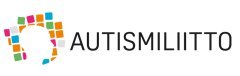 Autismiliiton logo, jossa tekstin lisäksi vasemmalla erivärisiä neliöitä.