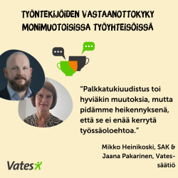 Kahden henkilön kasvokuvat. Otsikko Työntekijöiden vastaanottokyky monimuotoisessa työyhteisössä. Jaana ja Mikko. Sitaatti keskustelusta palkkatuesta.