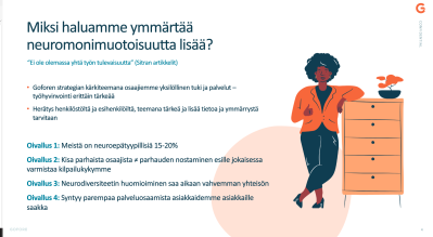 Dia jossa piirroshenkilö nojaa lipastoon. Otsikko Miksi haluamme ymmärtää neuromonimuotoisuutta lisää?