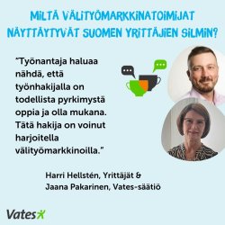 VAaleansinisellä taustalla kahden henkilön kasvokuvat. Otsikko Miltä välityömarkkinat näyttäytyvät Suomen yrittäjien silmin. 