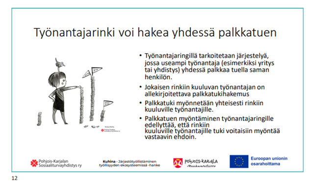 Kuvaus työnantajaringistä Pohjois-Karjalassa. Piirros henkilöstö, tekstikohtia neljä, logoja alhaalla.