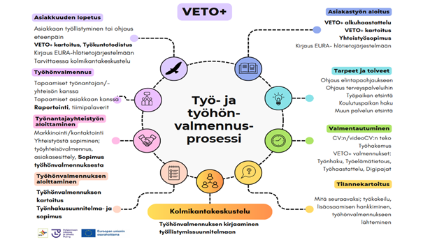 Työhönvalmennusprosessin kuvaus Veto+ hankkeessa. 9 kuvaa ympyröissä, jokaisen selitys kerrottu tekstein.