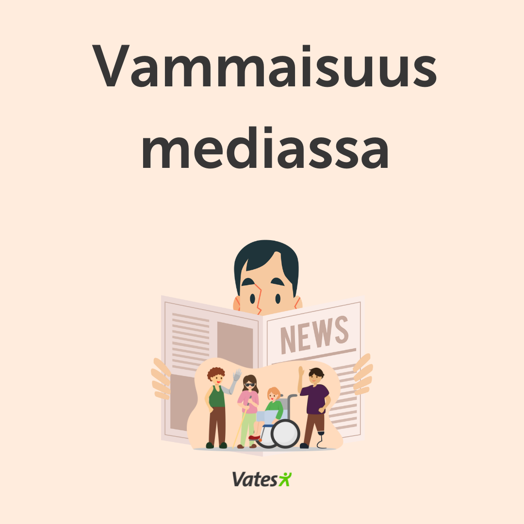 Vaalealla taustalla piirroshahmo joka lukee sanomalehteä. Otsikko Vammaisuus mediassa.