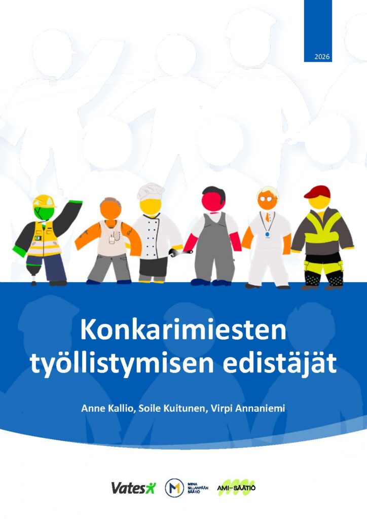 keskellä kuva, jossa kuusi eri ammattia edustavaa piirrettyä ukkoa, joiden takana heidän varjoat. Alla lukee julkaisun nimi ja kirjoittajat.