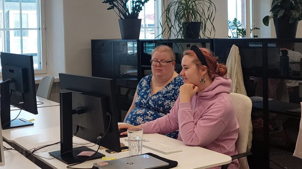 Kaksi henkilöä työskentelevät tietokoneen edessä Lemon Tree tilitoimistossa.