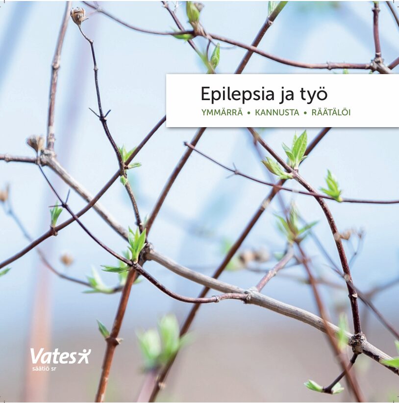Epilepsia ja työ -esitteen kansikuva, jossa koivujen oksia ja hiirenkorvia.