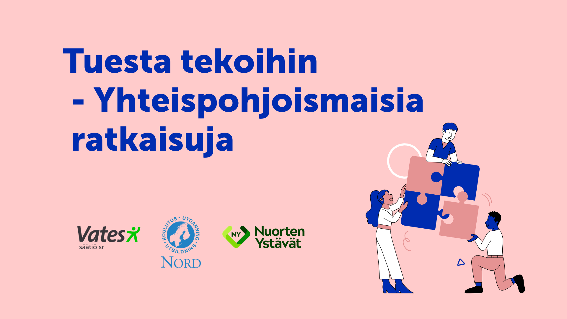 Piirroshahmoja siirtelemässä palapelin paloja.