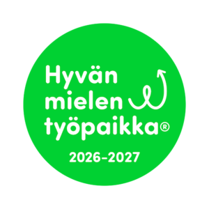 Vihreä pallo, jossa lukee Hyvän mielen työpaikka 2026-2027.