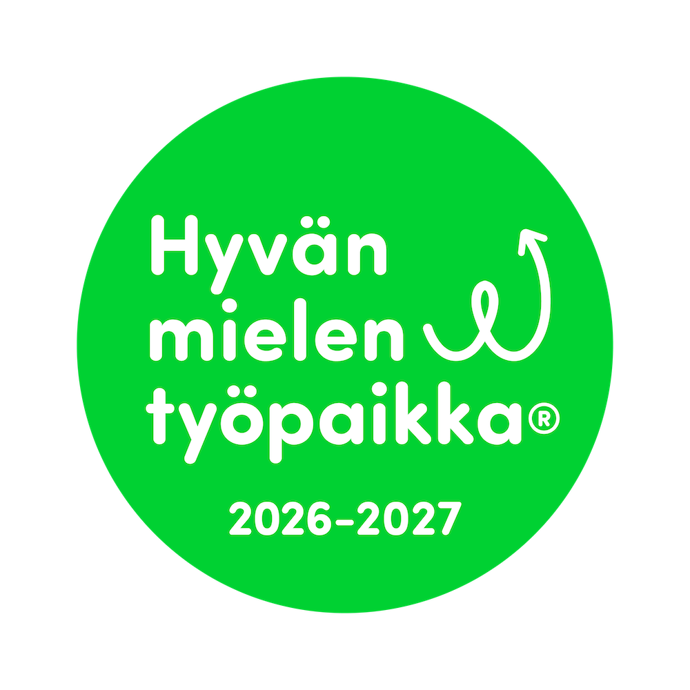 Vihreä pallo, jossa lukee Hyvän mielen työpaikka 2026-2027.